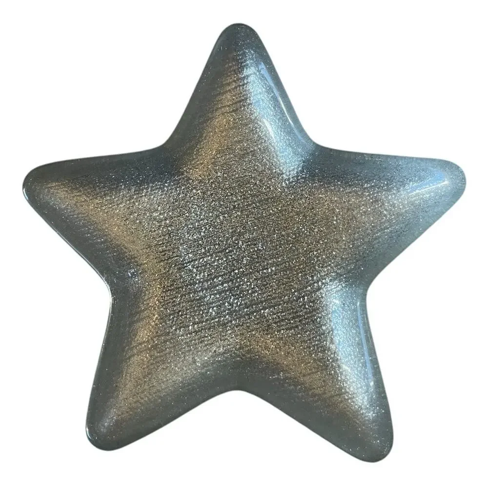 Set of 3 Handmade Turkish Art Glass STAR Appetizer Plates Silver Glitter NEW